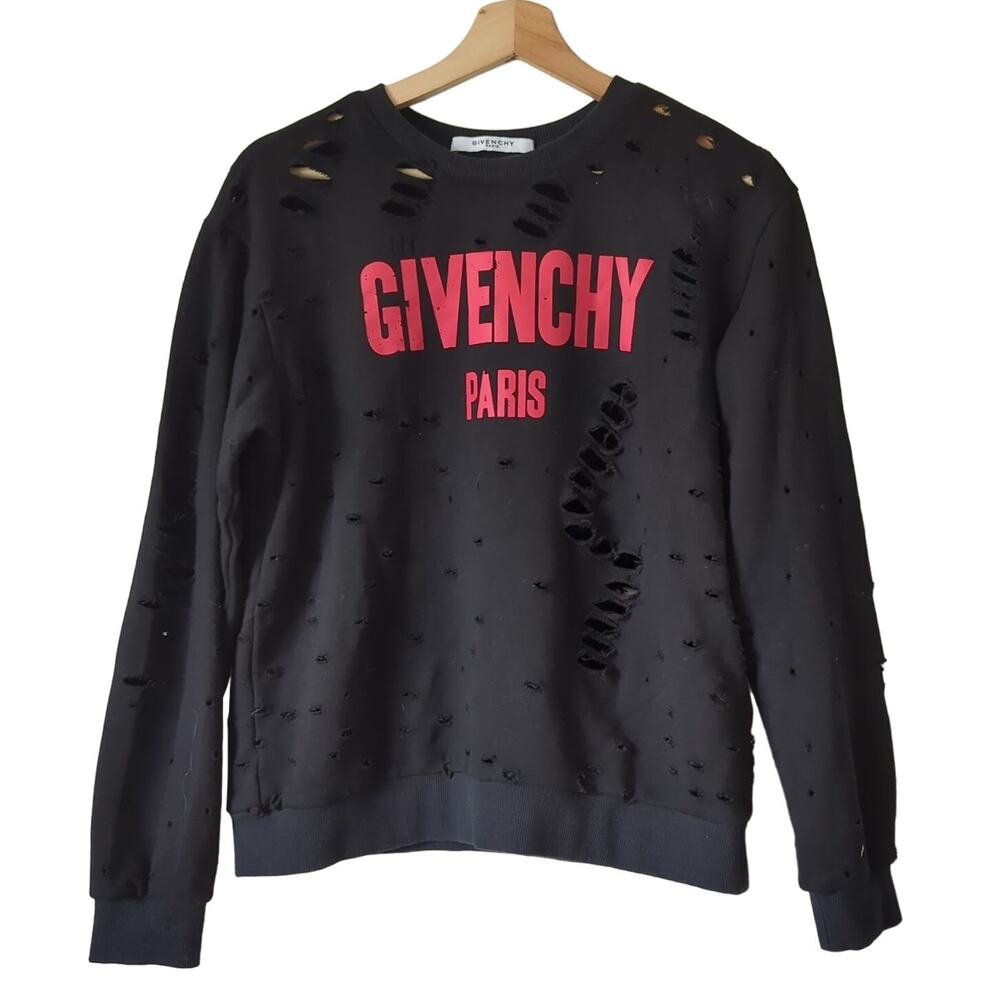 Givenchy Sweatshirt‎ Womens Medium Black Red Logo Distressed Destroyed Grunge